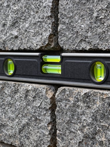 Extreme close-up of a high-contrast heavy spirit level resting on a perfectly aligned, massive slate-gray retaining wall block. Hard daylight emphasizing the rough stone texture and the precise level bubble.
