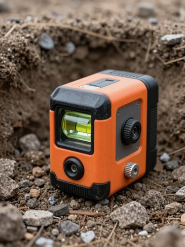 Portrait shot of a laser level resting on a compacted gravel trench base, sharp focus on the level bubble, technical precision.