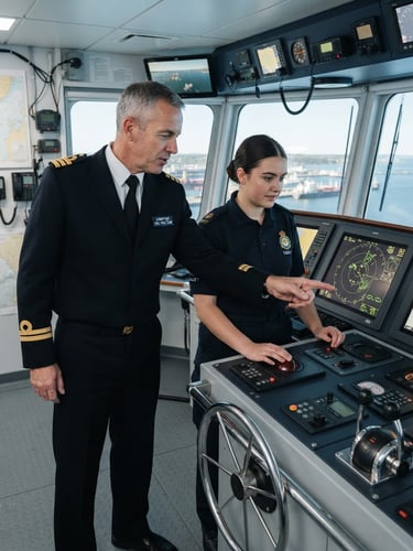 A professional maritime instructor in a crisp white officer uniform guiding a student in a simulated ship environment, bright clean natural daylight, 35mm lens
