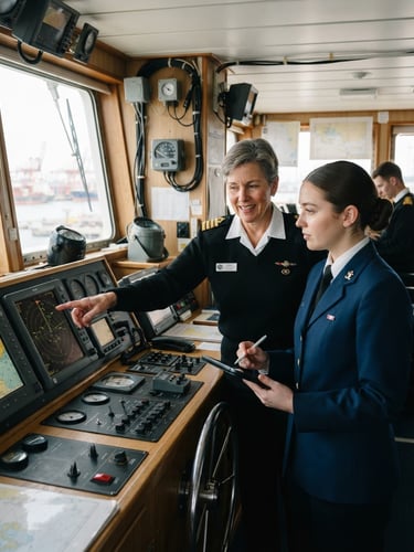Crisp editorial photography of a maritime officer instructor in a sharp navy and white uniform guiding a student in a simulated ship cabin, bright natural daylight, 35mm lens, sharp focus