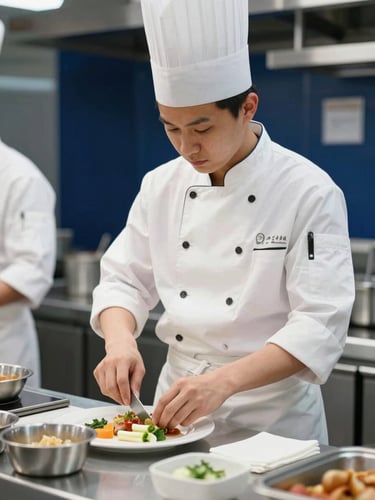 Mid-shot of a student in a crisp white culinary uniform preparing food in a state-of-the-art simulated ship galley, bright natural daylight, 35mm lens.
