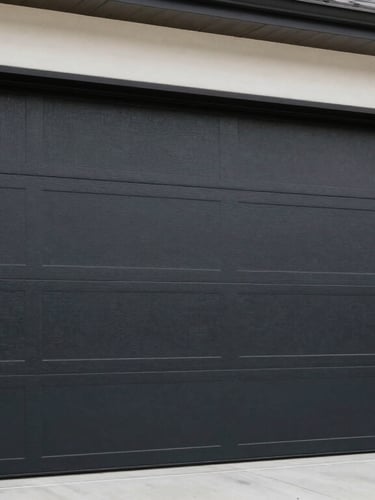 A newly installed modern black steel garage door on a Fair Oaks home, bright daylight, high contrast, clean architectural lines