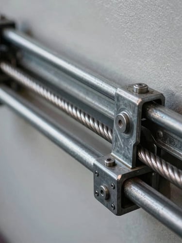 Close-up of industrial garage door steel tracks and tension cables, sharp focused work-light illumination, high-contrast mechanical details