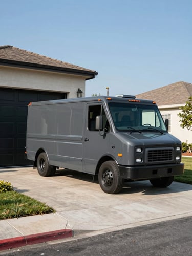 Wide-angle daylight shot of a clean, dark grey service truck parked on a suburban Fair Oaks driveway, a newly installed modern black garage door in the background, sharp sunlight.