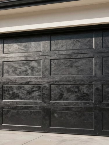 A newly installed modern black steel garage door on a Fair Oaks residential garage, bright high-contrast afternoon daylight, clean architectural lines