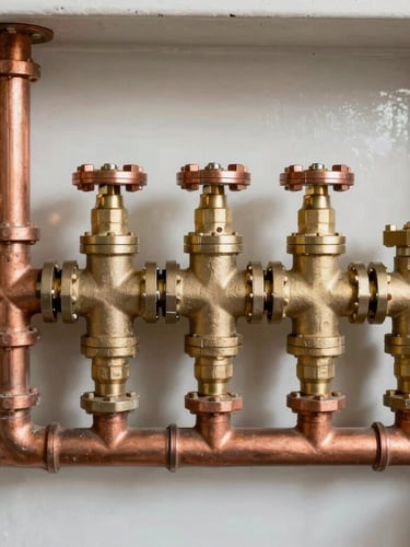 Straight-on architectural shot of a perfectly aligned plumbing manifold with copper pipes and clean brass valves, bright daylight, high visibility.