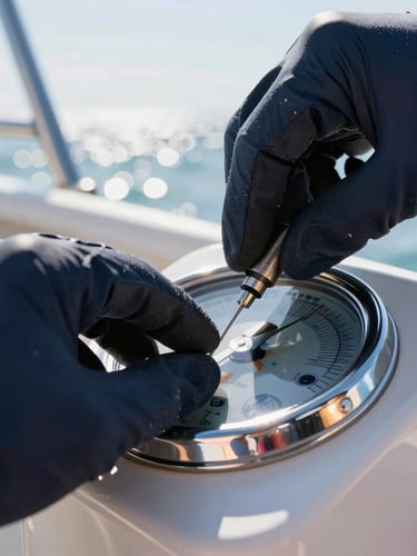 Close-up of hands in gloves carefully detailing a marine instrument panel, bright morning coastal daylight, high-contrast reflections on polished surfaces