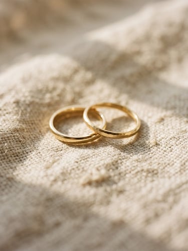 Macro shot of minimalist gold rings on a soft linen fabric, warm morning light, elegant shadow play