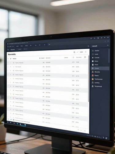 Wide application screen showing a property detail view at full width — structured data rows, document tabs, and a client timeline sidebar, all rendered in a clean dark navy interface, bright indoor office lighting, no human subjects, close crop on the UI surface