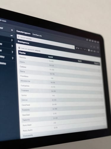 Close-up of a property listing detail view on a monitor screen, structured data fields and client timeline rows visible, deep navy interface on a pale background, studio overhead lighting, no people in frame