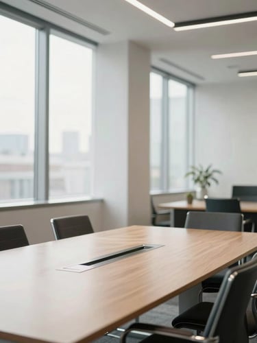 Bright modern office space with natural morning daylight, an empty conference table in the foreground, clean architectural lines, optimistic atmosphere.