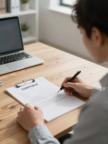 Over-the-shoulder view of a mentor reviewing a physical contract at a wooden table, bright morning daylight, clean modern office space.