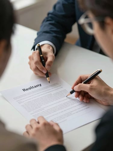 Over-the-shoulder view of two professionals reviewing a printed real estate contract on a table, soft morning light, natural interaction.