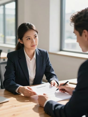 Over-the-shoulder view of an experienced broker and a young agent reviewing a physical real estate contract at a wooden table, bright natural morning daylight streaming through a window, clean architectural lines of a modern office space, shallow depth of field, authentic and unposed.