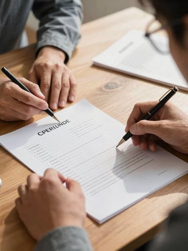 Over-the-shoulder view of two mentors reviewing physical real estate contracts at a wooden table, close-up on handwritten transaction checklists, warm morning light.