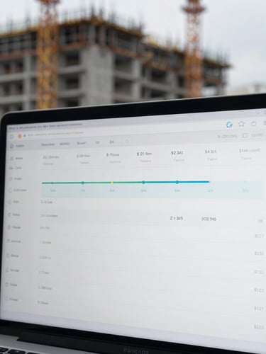 Clean digital dashboard interface displaying construction project timelines and budget deviations, sharp focus, cool tones.