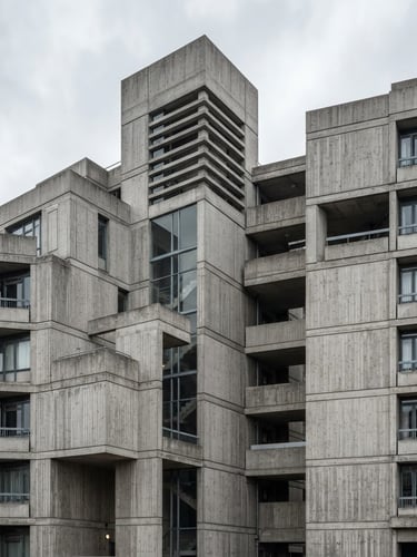 Technical architectural photography of a concrete structure under crisp overcast daylight, geometric composition, sharp focus