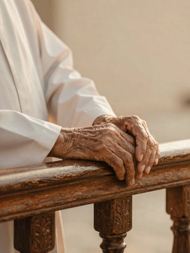 A close-up of an elderly pilgrim's hands resting on a beautifully carved wooden railing, soft morning light, warm beige tones, respectful and peaceful atmosphere.