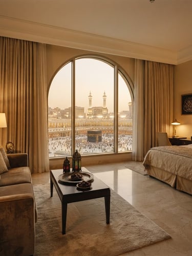 Wide-angle editorial shot of a serene luxury hotel suite in Makkah, warm golden light spilling across elegant textiles, view of the Masjid Al Haram courtyard visible through a large window, soft focus, medium format film.