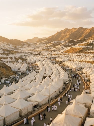 Wide-angle editorial shot of the majestic white tents of Mina during golden hour, elegant composition, soft warm light, medium format film