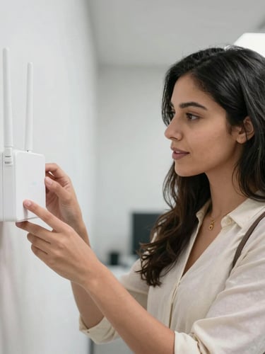 A professional female network engineer explaining router configuration to young students, bright classroom environment, shallow depth of field, 35mm
