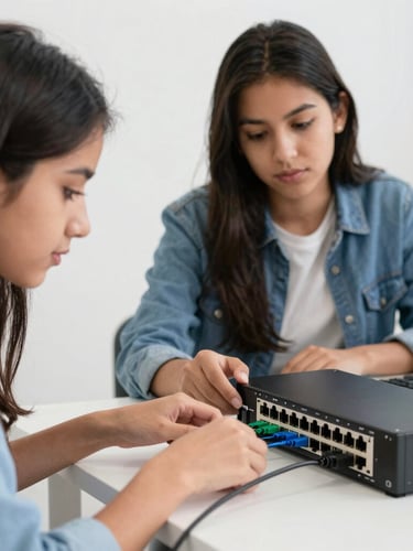 Medium close-up of Latin American students collaborating over physical networking hardware, cables and routers visible, natural classroom daylight, shallow depth of field, 35mm