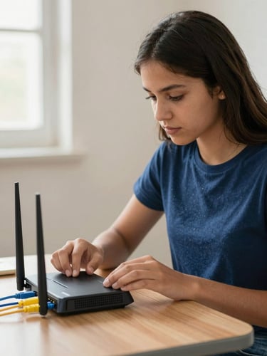 Un primer plano medio de una estudiante latinoamericana concentrada configurando un router físico, cables de red azul y amarillo visibles, iluminación de aula natural, fotografía editorial auténtica.