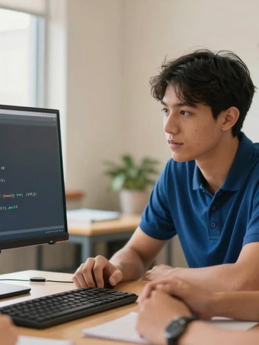 Un instructor guiando a dos jóvenes programadores frente a una pantalla con líneas de código, ambiente colaborativo y cálido, tonos latte y azul, luz natural de ventana, profundidad de campo reducida.