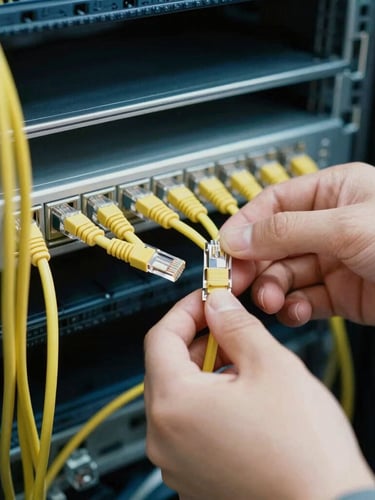 Close-up of hands organizing yellow ethernet cables in a server rack, natural classroom lighting, highly detailed, 35mm