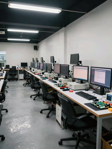 Wide panoramic shot of a computer repair workshop interior in Manila, diagnostic machines and monitors arranged on workbenches to the right, overhead fluorescent lighting casting clear white light across circuit boards and tools, generous open space to the left, no people visible