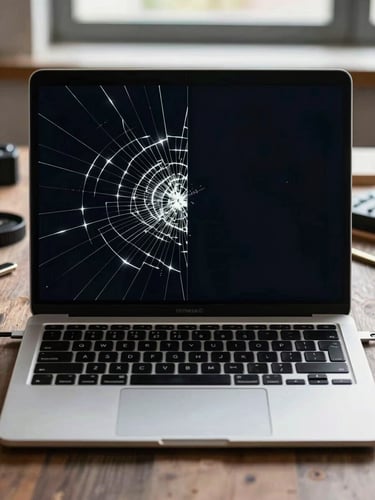 Close-up of a laptop with a severely cracked screen on the left half transitioning to the same laptop fully reassembled with a pristine display on the right half, shot on a workbench under cool natural daylight, tools visible at the edges, extreme detail on the screen surface