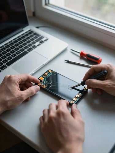 Close-up overhead flat-lay of an opened laptop on a workbench, technician's hands visible detaching a cracked screen panel, screwdrivers and prying tools arranged beside the device, cool daylight from a north-facing shop window casting clean shadows across circuit board components
