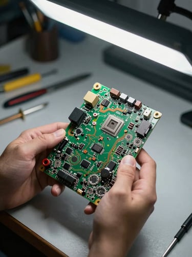 Close-up of technician hands holding a laptop motherboard under bright overhead workshop light, solder points and copper traces sharp in focus, tools laid out on a clean workbench in the background