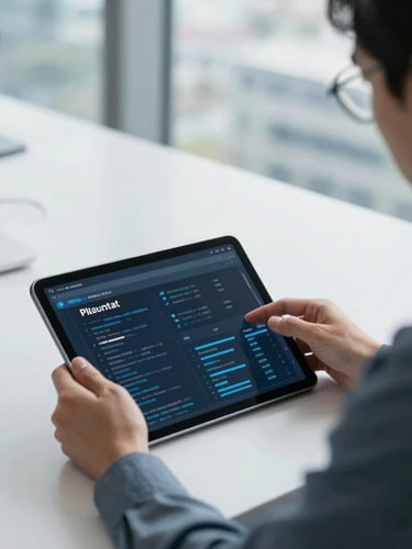 Over the shoulder view of a professional cybersecurity consultant analyzing clean data flows on a modern tablet in a bright Bogotá office, natural daylight, cool slate tones.