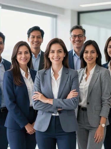 A professional group portrait of Colombian corporate consultants, bright natural office light, cool blue and slate tones, sharp focus, 35mm lens