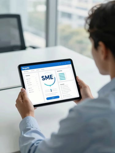 Over-the-shoulder shot of a professional consultant showing a clean security dashboard on a tablet to an SME business owner in a bright Bogotá office, natural daylight, cool slate tones