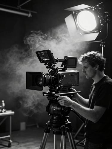 Cinematic black and white film frame, director behind a high-end cinema camera on a dark studio set, dramatic key light, atmospheric smoke, premium production feel