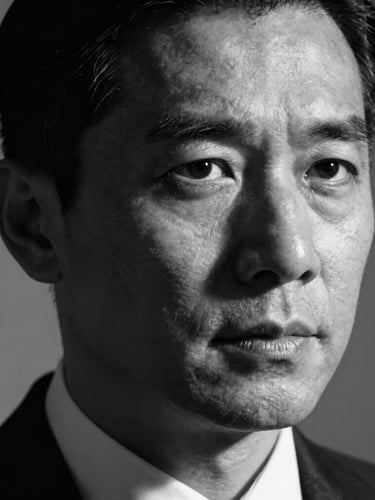 Close-up portrait of a corporate executive in high-contrast black and white, dramatic chiaroscuro lighting, deep shadows, sharp focus, sophisticated editorial look