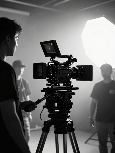 High-contrast black and white behind-the-scenes shot of a professional film production, a cinematic camera on a heavy rig, deep shadows, bright studio key light cutting through light haze, professional crew in silhouette
