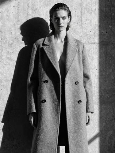 High-contrast black and white fashion editorial photograph, a model posing against a brutalist concrete wall, hard direct sunlight creating sharp geometric shadows, high-fashion tailored wool coat, medium format look