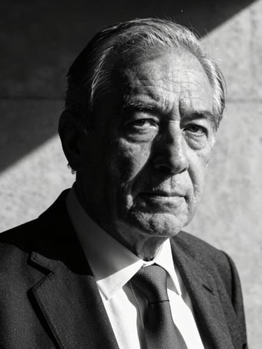 High-contrast black and white portrait of a senior corporate executive, dramatic side lighting, deep shadows obscuring half the face, sharp focus on intense eyes, architectural concrete background, medium format film look