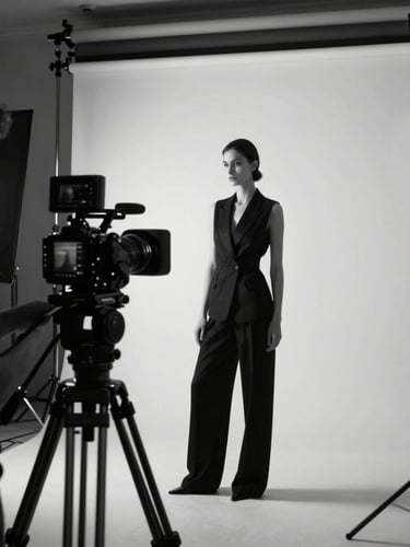 Behind the scenes of a high-end fashion shoot, professional camera on a tripod, dramatic studio lighting setup, high-contrast black and white