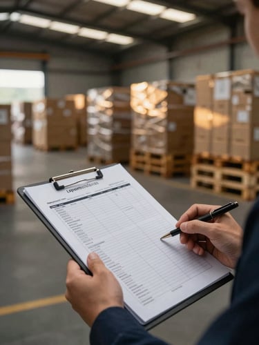 Logistics coordinator reviewing a physical shipping manifest, close-up on hands and documents, industrial warehouse lighting, secured industrial pallets in background.