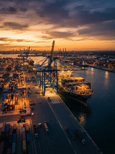 Wide panoramic view of a modern cargo port at golden hour, a large container ship being loaded by cranes, dynamic industrial lighting, deep navy and warm amber tones, wide-angle cinematic lens, subject slightly off-center to the right.