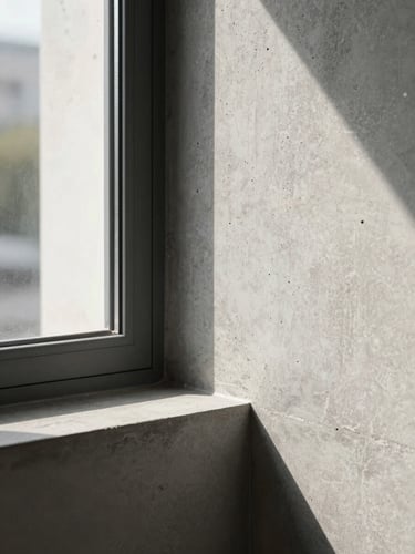 Tight vertical frame of an interior architectural detail — a deep window reveal in raw concrete, a sliver of diffused northern daylight tracing the edge of the sill, the wall texture absorbing shadow on the right, geometric and still