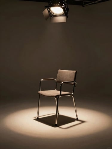 Wide environmental shot of a film director's empty chair on a sparse studio set, single overhead tungsten light casting a precise pool of warm illumination on the chair, deep shadow surrounding, geometric and austere