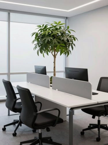 Planta baixa técnica e minimalista de escritório corporativo, linhas pretas finas sobre fundo branco, exibindo otimização de fluxo e distribuição de mesas.