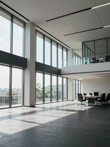 Wide-angle environmental shot of an empty, sunlit modern office interior, structural glass details, minimalist black-and-white floor plan visible on a table, bright natural daylight.