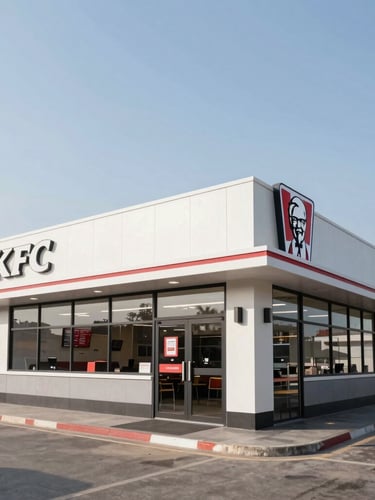 A wide-angle architectural photograph of a modern, clean-lined KFC drive-thru restaurant in India under bright, clear daylight, showing scale and structured design.