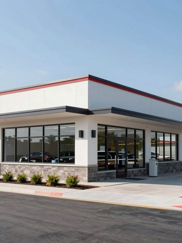 Wide environmental shot of a modern drive-thru exterior under bright architectural daylight, clean lines, professional landscaping, right-third framing